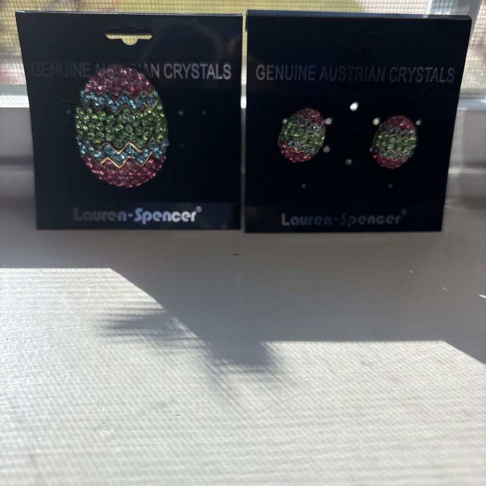 Multi color Pink Blue Green Rhinestone Easter Egg Brooch Pin & pierced earrings